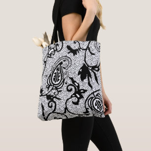Bolsa Tote Padrão Paisley Preto Branco Floral Swirl Decoraç