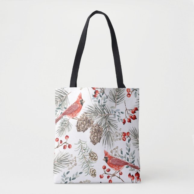 Bolsa Tote Padrão perfeito de Natal, aves cardeais, vermelho (Frente)