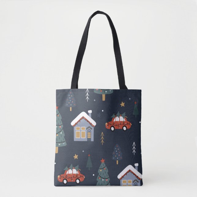 Bolsa Tote Padrão perfeito de Natal com árvore de natal, carr (Frente)