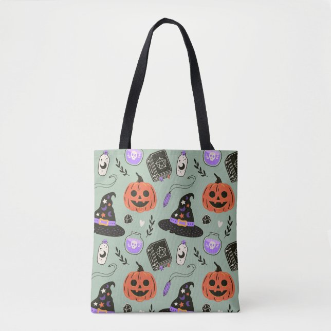 Bolsa Tote Padrão perfeito do Halloween com chapéu de bruxa,  (Frente)