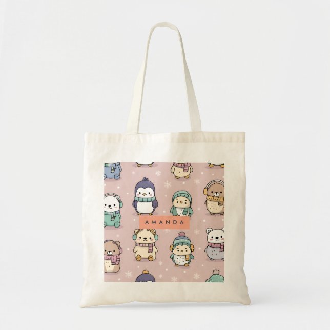 Bolsa Tote Padrão Personalizado Adorável de Pinguim de invern (Frente)
