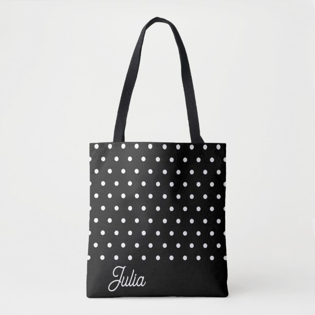 Bolsa Tote Padrão Polka branco preto personalizado elegante (Frente)
