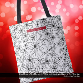Bolsa Tote Padrão Preto Branco Floral Desenhado à Mão e Nome