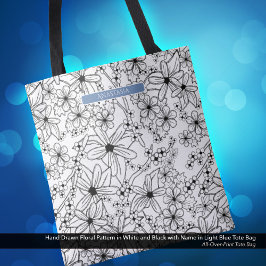 Bolsa Tote Padrão Preto Branco Floral Desenhado à Mão e Nome