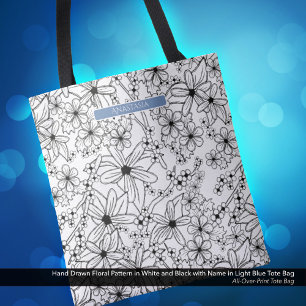 Bolsa Tote Padrão Preto Branco Floral Desenhado à Mão e Nome