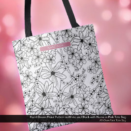Bolsa Tote Padrão Preto Branco Floral Desenhado à Mão e Nome