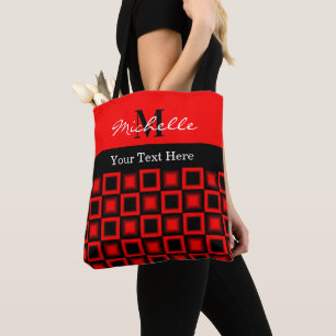 Bolsa Tote Padrão preto clássico e quadrado vermelho monogram