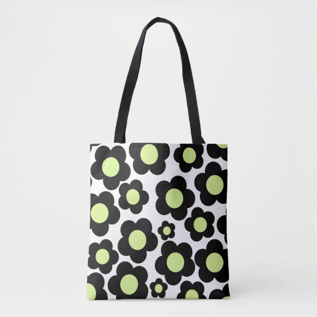Bolsa Tote Padrão Preto de Flor de Hippie Verde Neon (Frente)