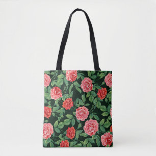 Bolsa Tote Padrão Preto do Rosa vermelha Vintage