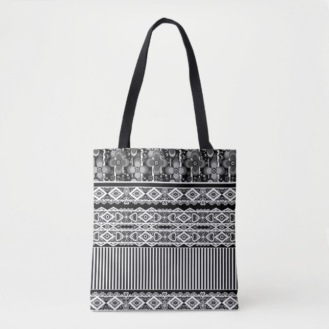 Bolsa Tote Padrão preto e branco com rendas e retalhos (Frente)