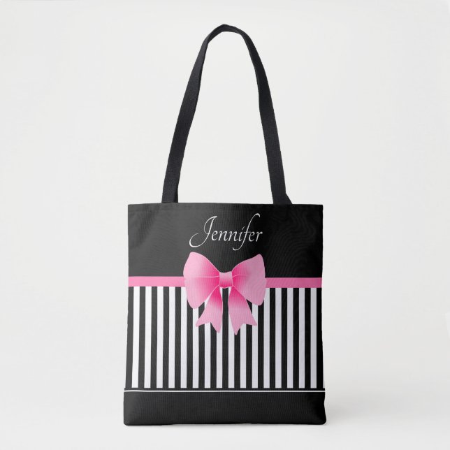 Bolsa Tote Padrão Preto E Branco Elegante Laço Rosa (Frente)
