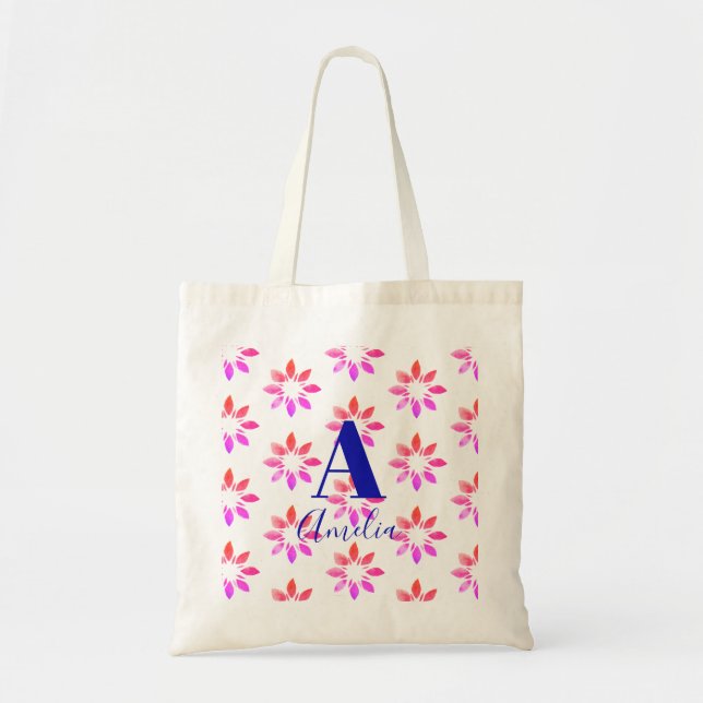 Bolsa Tote Padrão Retroativo da Aquarela Floral Monograma Ros (Frente)
