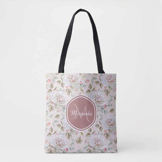 Bolsa Tote Padrão rosa rosa pálido com monograma e nome (Frente)