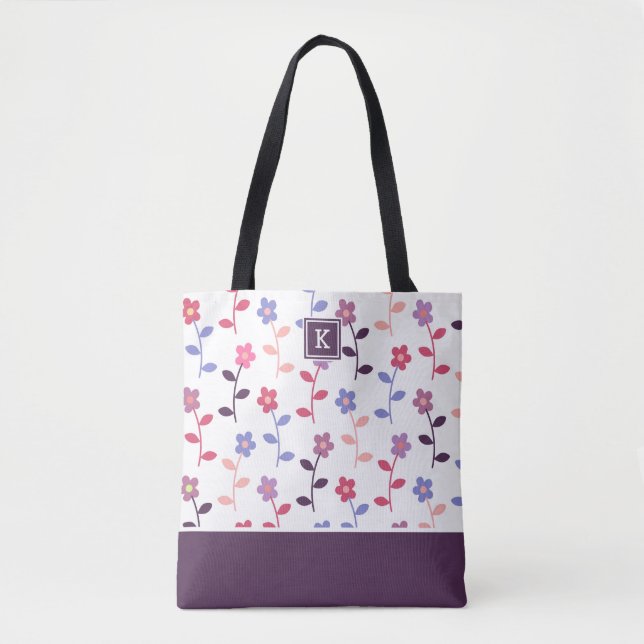 Bolsa Tote Padrão Roxo Floral com Monograma (Frente)