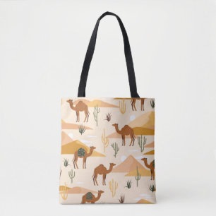 Bolsa Tote Padrão sem costura com camelos, dunas e cactos. Co