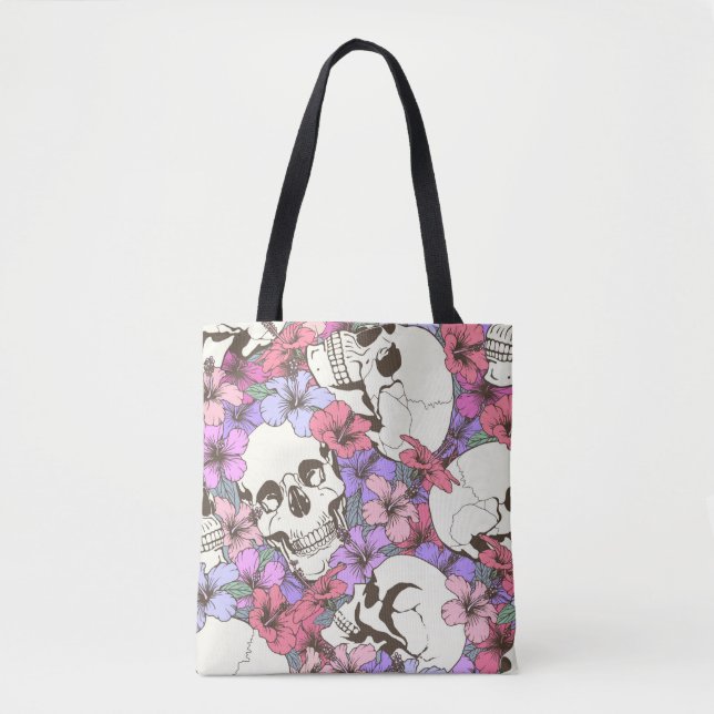 Bolsa Tote Padrão sem costura com crânios encontram flores (Frente)