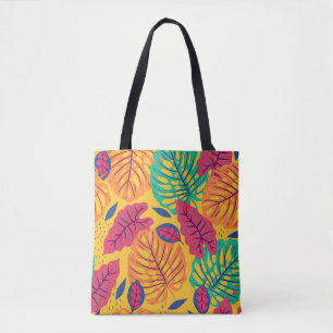 Bolsa Tote Padrão sem costura com folhas tropicais em amarel