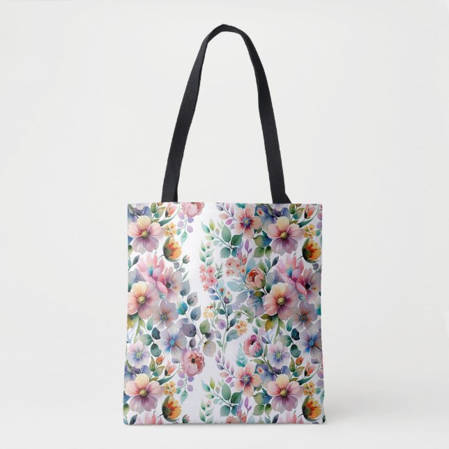 Bolsa Tote Padrão Sem Costura Floral de Aquarela (Frente)