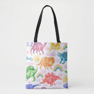 Bolsa Tote Padrão sem costura mostrando dinossauros coloridos