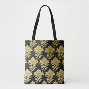 Bolsa Tote padrão sem costura vintage com flor de ouro em bl