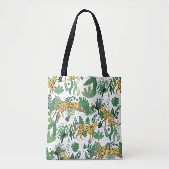 Bolsa Tote padrão sem descontinuidades de leopardos na selva. (Frente)