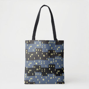 Bolsa Tote Padrão sem rumo com uma cidade à noite.