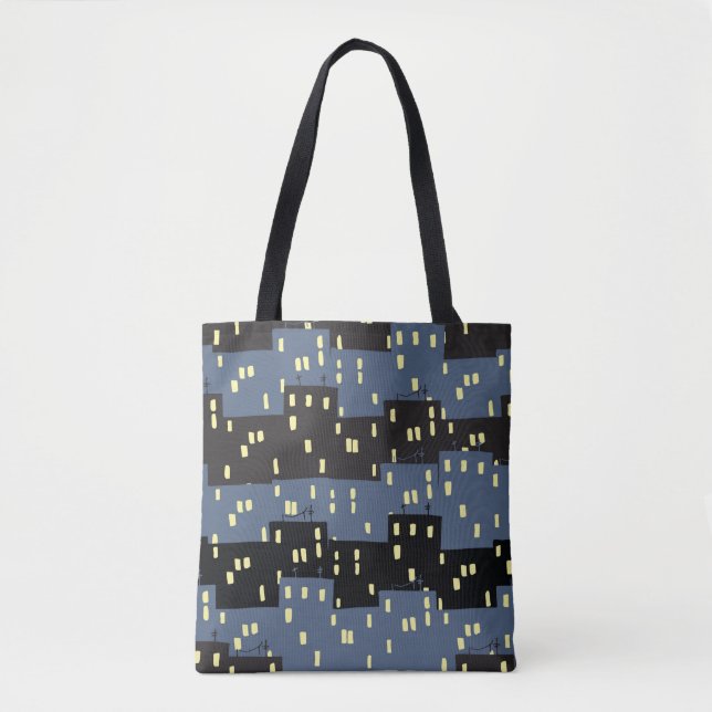 Bolsa Tote Padrão sem rumo com uma cidade à noite.  (Frente)