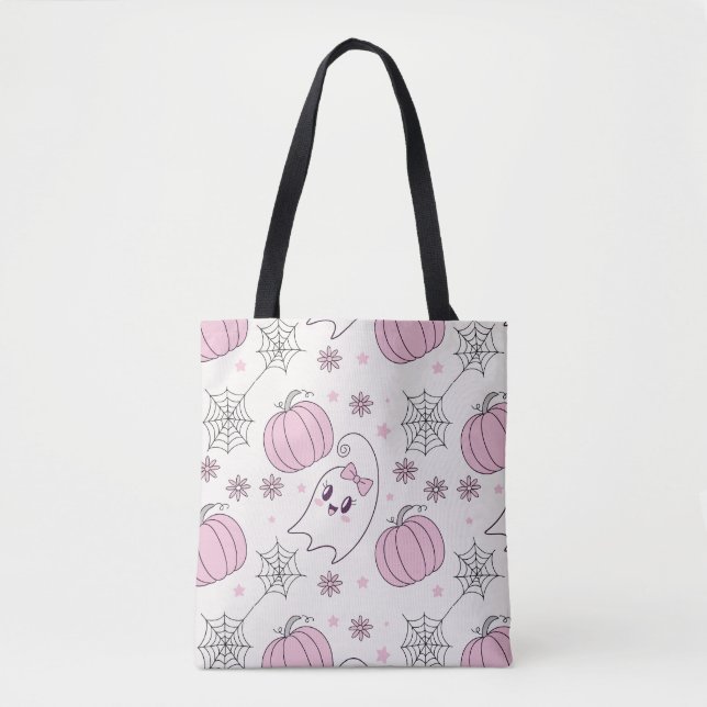 Bolsa Tote Padrão sem soldadura do Pastel Pink Halloween (4) (Frente)