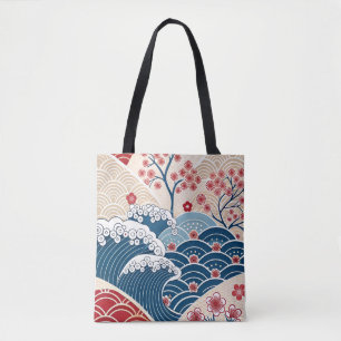 Bolsa Tote Padrão Tradicional de Onda Japonesa Vermelho Azul