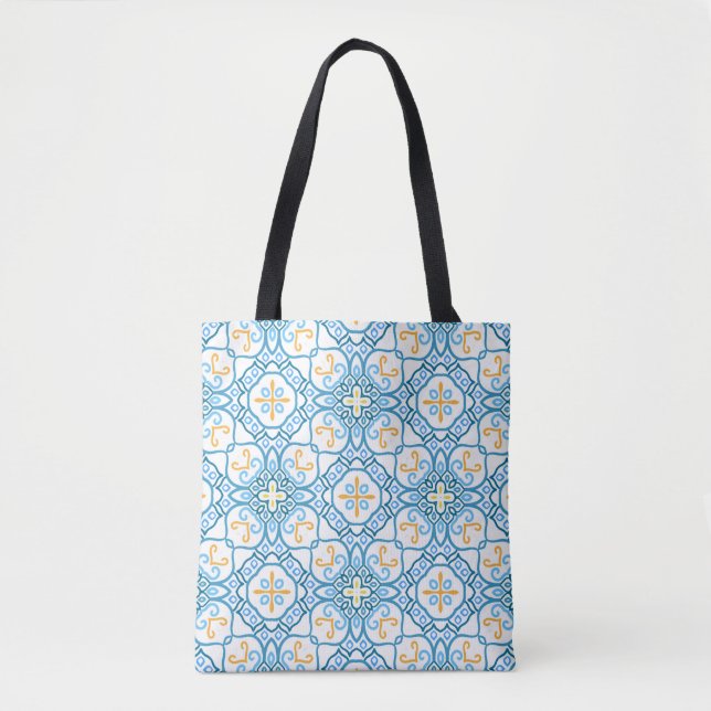 Bolsa Tote Padrão tribal azul sem descontinuidades (Frente)