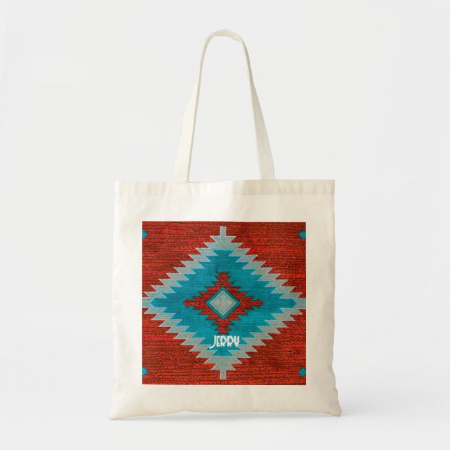 Bolsa Tote Padrão Tribal Sudoeste Asteca Turquesa Vermelha (Frente)
