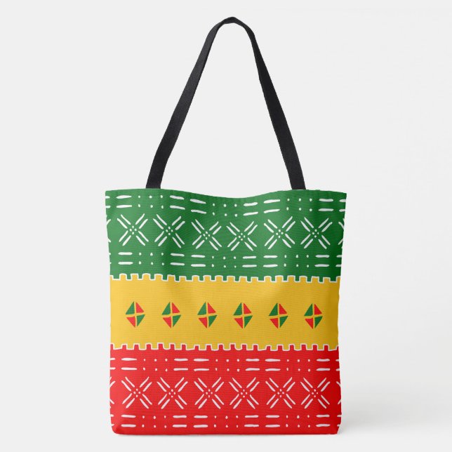 Bolsa Tote Padrão Tribal Vermelho Dourado E Verde Divertido (Verso)