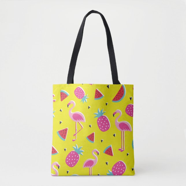 Bolsa Tote  padrão tropical com abacaxi rosa, flamingos, w (Frente)