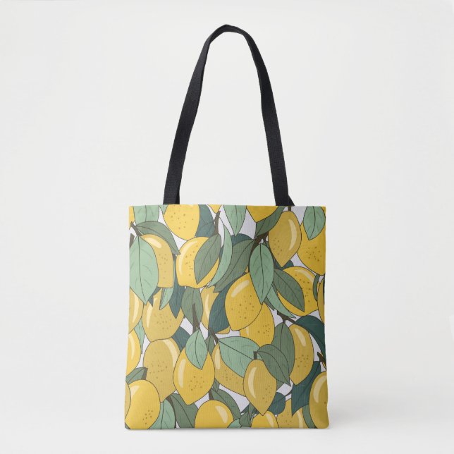 Bolsa Tote Padrão tropical com limões amarelos. (Frente)