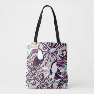 Bolsa Tote Padrão tropical com palmeiras e aves.