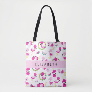 Bolsa Tote Padrão Tropical, Flamingos, Flores, Seu Nome