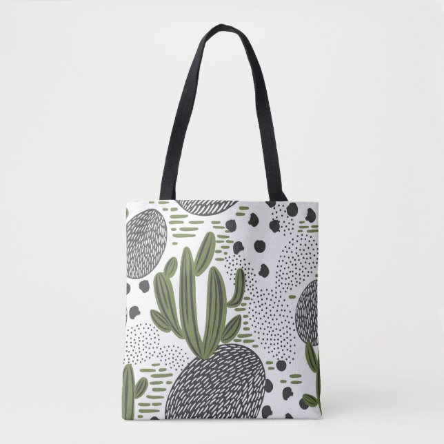 Bolsa Tote padrão uniforme com cacto em fundo branco.  (Frente)