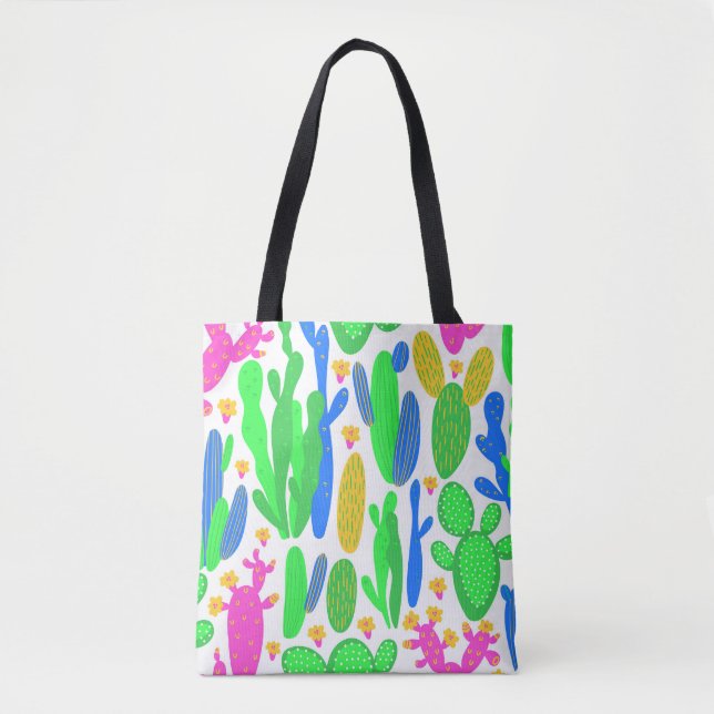 Bolsa Tote padrão uniforme com cacto em fundo branco.  (Frente)