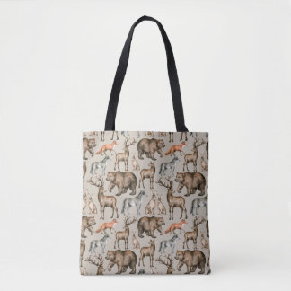 Bolsa Tote Padrão uniforme de aquarela com anima florestal se