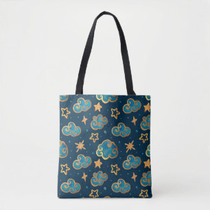 Bolsa Tote Padrão uniforme de aquarelas com a lua, estrelas,