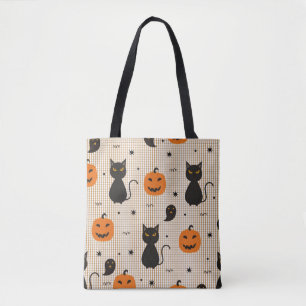 Bolsa Tote Padrão uniforme de Halloween com gato preto e ghos