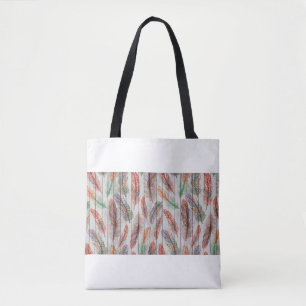 Bolsa Tote padrão uniforme de modelo com penas coloridas. Fr