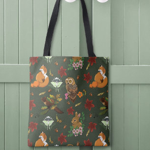 Bolsa Tote Padrão Verde de Animais da Floresta de Outono