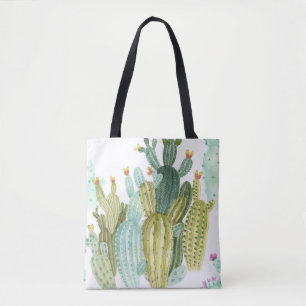 Bolsa Tote Padrão Vintage Cactos Blooming Watercolor