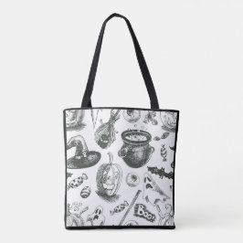 Bolsa Tote Padrão Vintage de Halloween Preto e Branco
