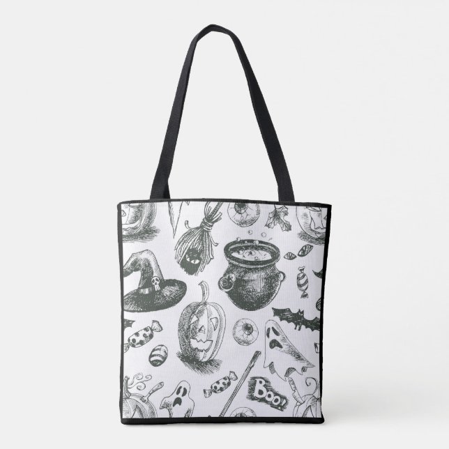 Bolsa Tote Padrão Vintage de Halloween Preto e Branco (Verso)