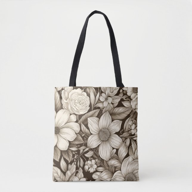 Bolsa Tote Padrão Vintage Floral Sepia (7) (Frente)