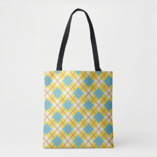 Bolsa Tote Padrão Xadrez Amarelo e Azul Fofo