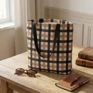 Bolsa Tote Padrão Xadrez Clássico Marrom e Preto Texturizado