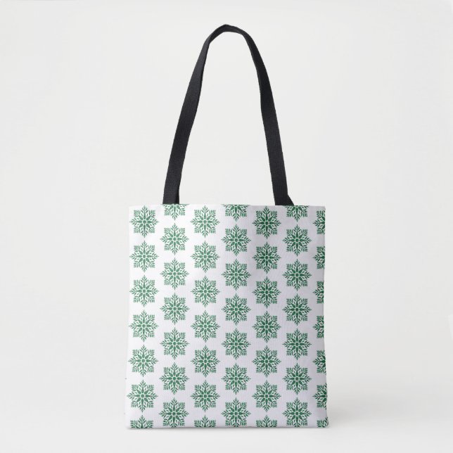 Bolsa Tote Padrão Xadrez Floco de Neve de Feriado Verde (Frente)